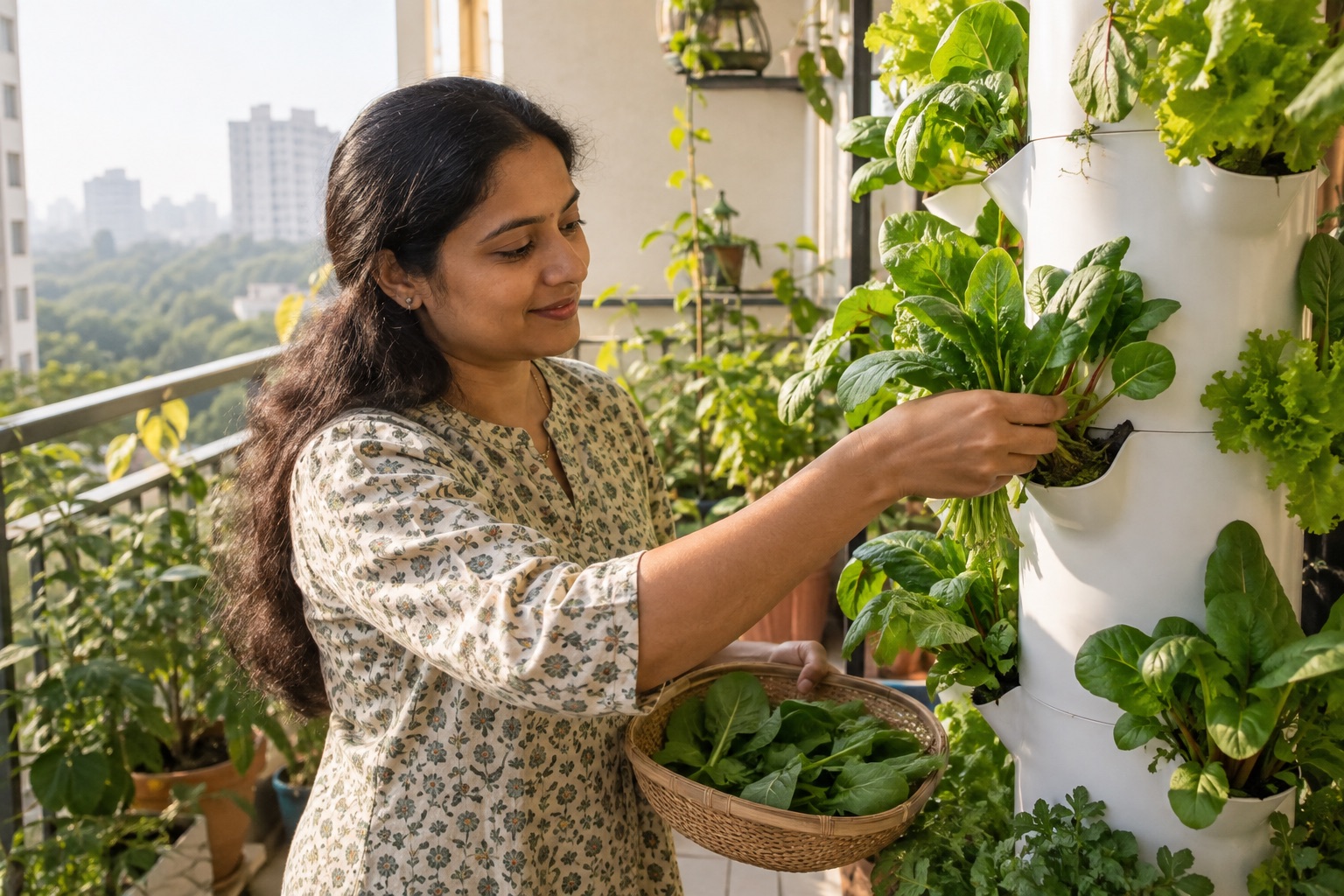 Harvesting greens from a balcony VertiFarm